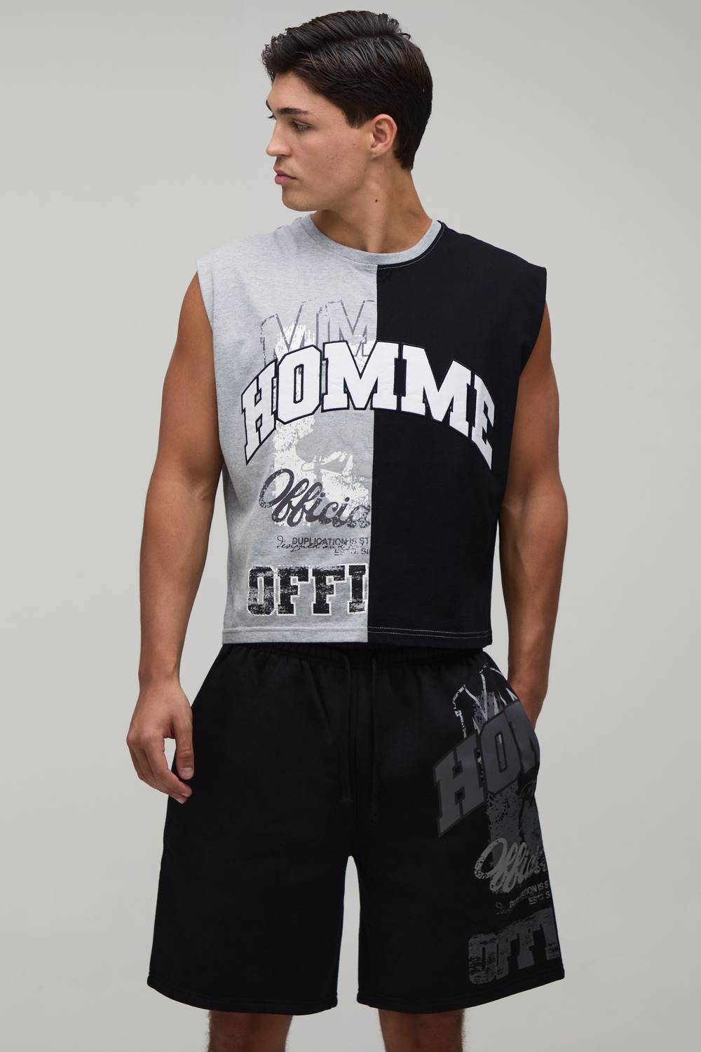 Boxy Length Spliced Homme Applique Tank & Baggy Short Set | Grey Marl | Size XS