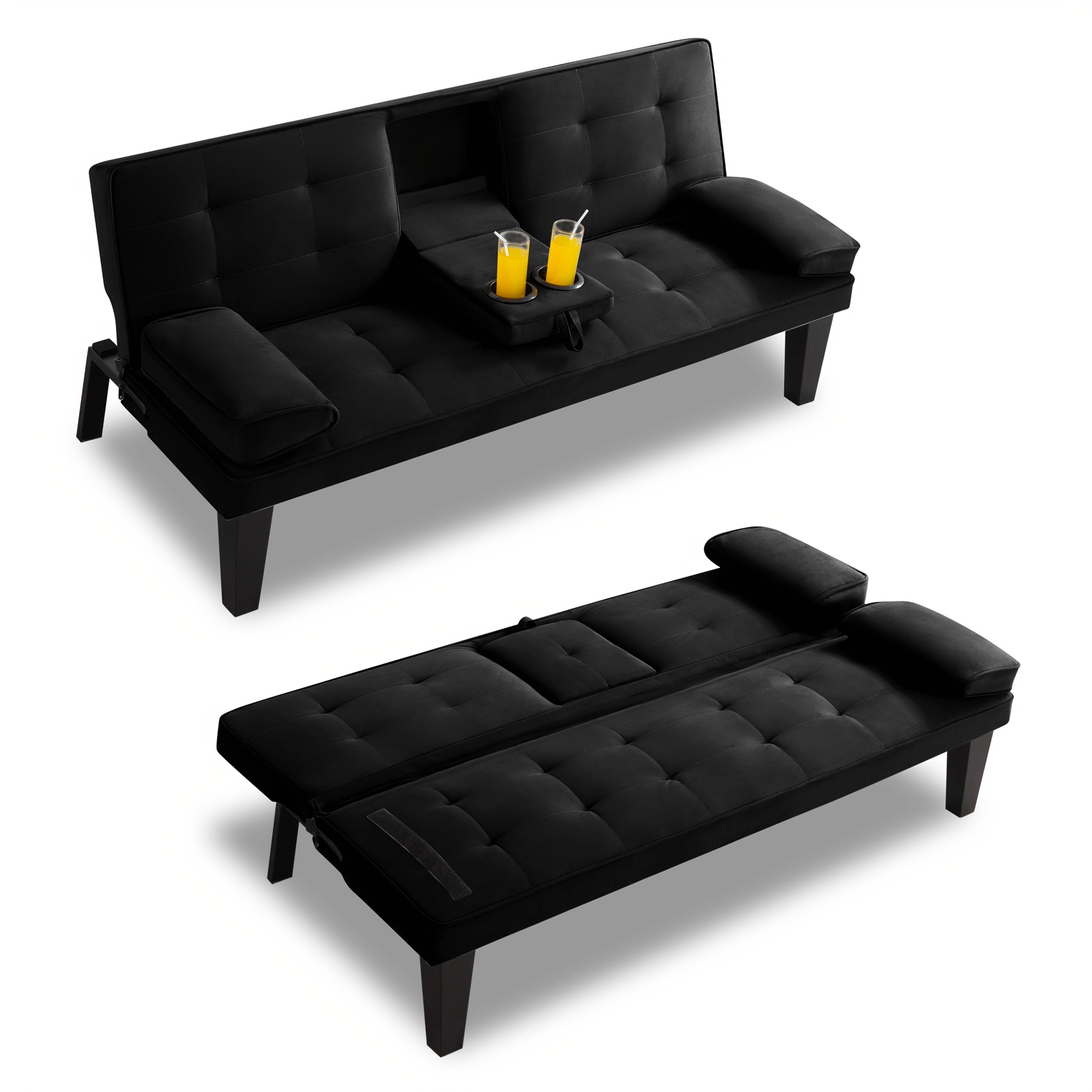 Sofa Bed That Can Be Folded, Featuring an Adjustable Lounge Chair with Removable Armrests - Black