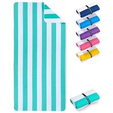 Fit-Flip Strandhandduk XXL – mikrofiberbadhandduk stor, lätta och snabbtorkande – 100% återvunnen mikrofiberhandduk – randig turkos-vit 160 cm x 90 cm