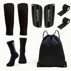 TEMU 5pcs Football Equipment Set With Silicone Grip Socks, Shin Guards, Drawstring Backpack & Leg Pads - Striped Polyester For Training And Fitness