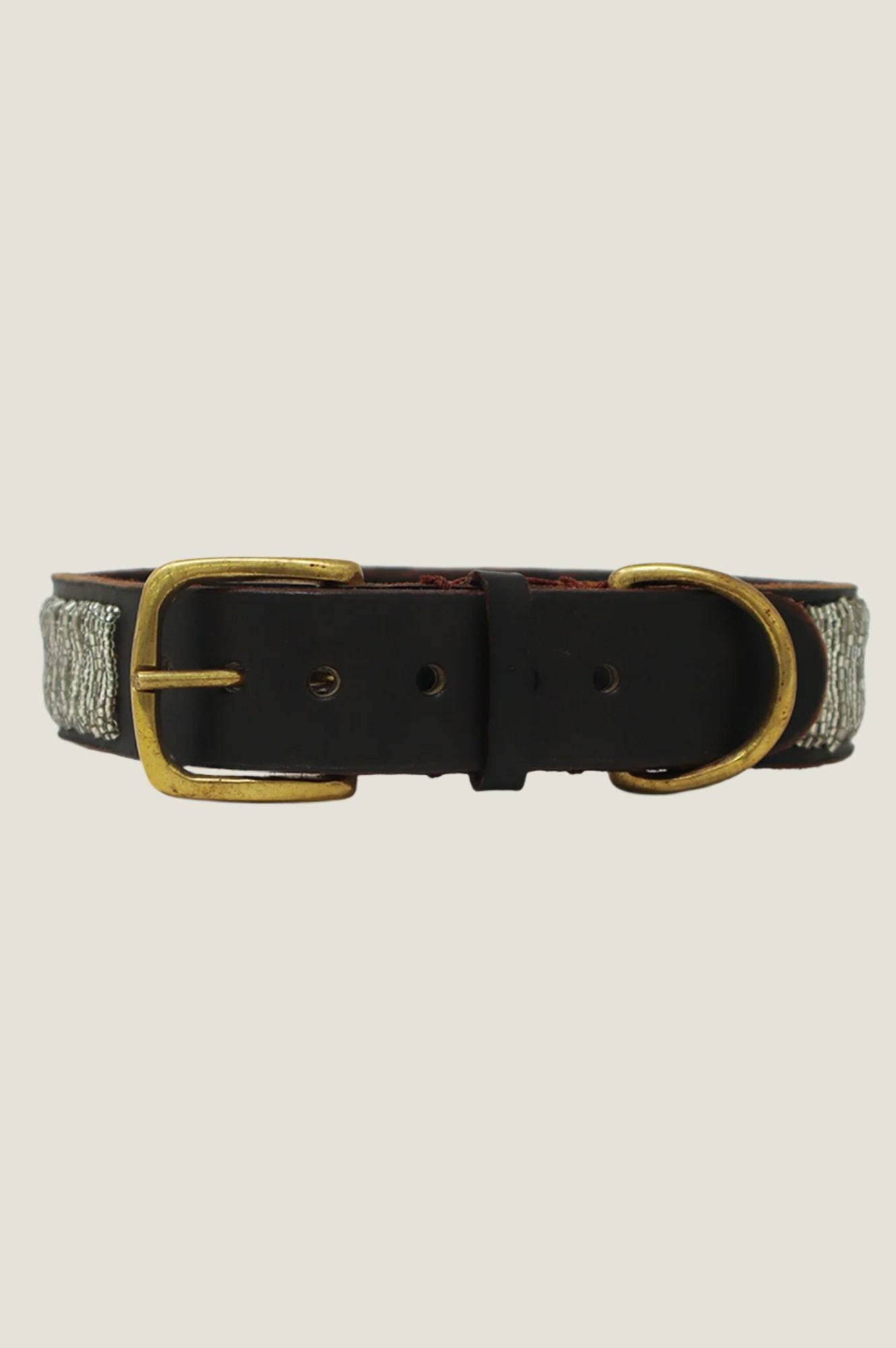 Aspiga Sustainable Kenyan Beaded Maasai Dog Collar Leather Silver | M/12 - (UK 12/US 8/EU 40)