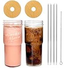 ANOTION Glaskoppar med lock och sugrör 2-pack, 24 dl resekaffemugg bred mun glasburk isad kaffekopp smoothie kopp glas tumlare tekopp klara söta vattenkoppar dricksburkar glas