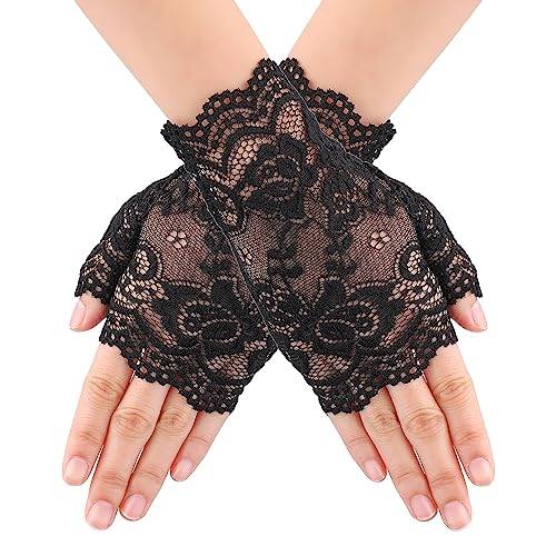 Yolev Dam kort spets fingerlösa blommiga handskar för brud, bröllop, tebjudning, opera och middagsbjudningar, Svart, 18cm/7.08inch
