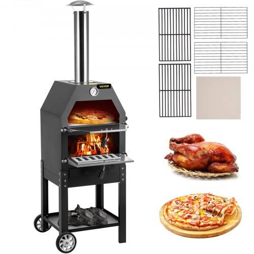 VEVOR Utomhuspizzaugn, 30,5 cm vedeldad ugn, 2-lagers pizzaugn vedeldad, vedeldad utomhuspizzaugn med 2 avtagbara hjul, vedeldad pizzaugn med maxtemperatur på 900℉ för grillning