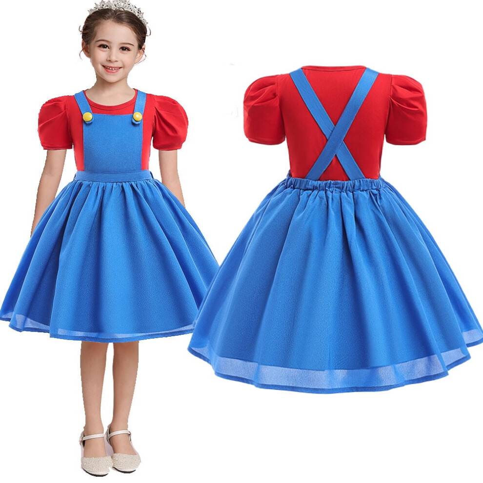 (top+dress, 140CM/7-8T) Princess Mario Costume for Girls,Super Brothers Cosplay Halloween Party Dress Up