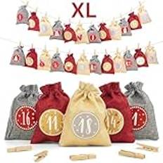Adventi® Adventskalender för fyllning [24 stycken] julkalender 2024 jutesäckar 20 x 15 cm stor, juldekoration påsar/påsar, presentpåsar jul med individuella mönster (röd)