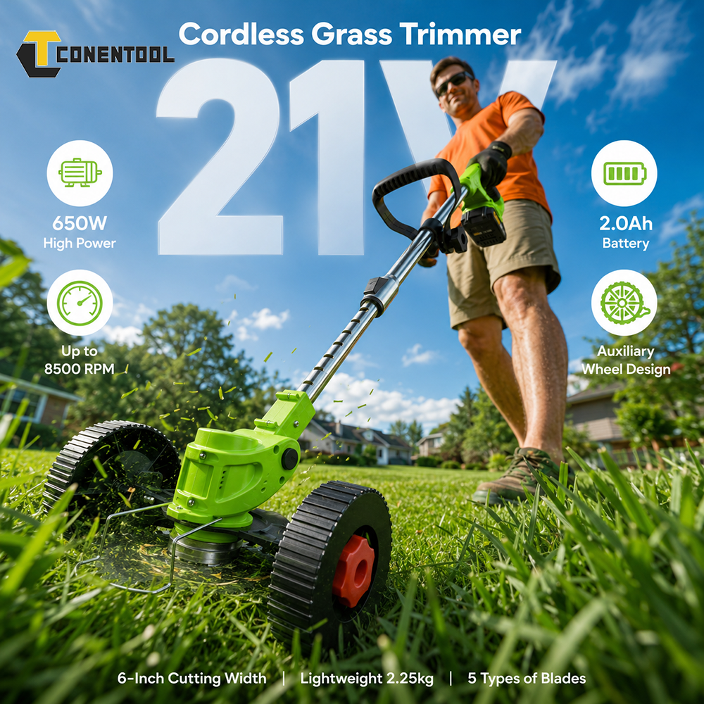Conentool 21V Cordless Grass Trimmer 650W Electric Weed Wacker, 8500RPM 6 Inch Cutting Head, 5 Cutting Blades, 2 Batteries, Telescopic Pole, Auxiliary Wheel, Lightweight Lawn Edge Cutter for Garden