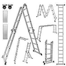 Ikodm 4 x 4 steg multifunktionsstege 4,7 m 7-i-1 aluminium multifunktionsstege upp till 150 kg med 2 transporthjul och 2 plattformar, ledklädd fällbar stege stående stege aluminiumstege