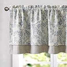TOPICK Blommiga köksgardiner mörkläggningsgardiner valance botaniska mönster 45 cm dubbelskikt cafégardiner bondgårdsöverdrag kökskappa för liten fönsterstång ficka 1 panel blå på beige