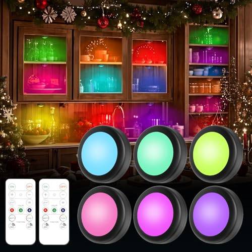 Yiliaw 6er-Pack LED Puck-Lichter mit Fernbedienung,16 Farbwechsel Unterbauleuchten,Batteriebetriebene Nachtlichter mit Dimmer & Timer für Schrank,Schlafzimmer und Küche,Schwarz