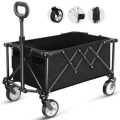 HOFTME Vikbar vagn med hjul, hopfällbar vagn 100 l kapacitet alla terränghjul med justerbart handtag och täckväska, picknicktransport för semester shopping utomhus camping trädgård strand (svart)