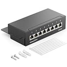 deleyCON CAT 6a Patch Panel Distributionspanel 8 Port - Stationär och Väggmonterad 8x RJ45 Hona - TIA568A TIA568B - Svart