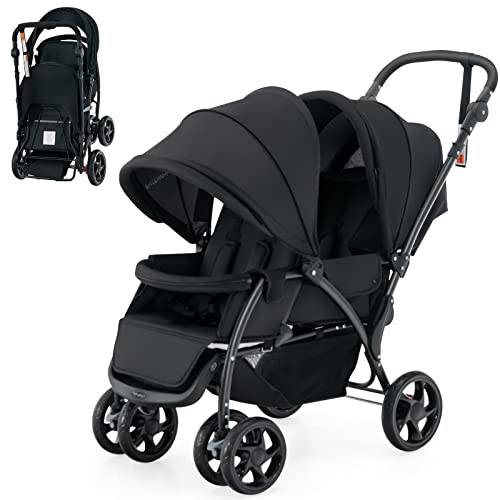 COSTWAY Syskonvagn, vikbar dubbelvagn med justerbart ryggstöd och visir, barnvagn med liggfunktion, barnvagn för barn från 6 månader, belastning 30 kg (svart)