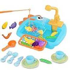 Handfat för barn med vatten Montessori Bärbar Arbetande Spel Vridbar Kran Med Aktuellt Vatten Fiske Kök Leksak Utomhus Diskmaskin Söt Sink Leksak Mini Handfat Verktyg