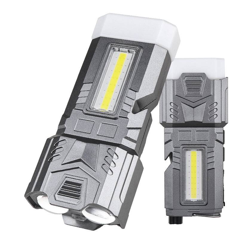 LED + COB Multifunktionell Stark Ficklampa 1800mAh Typ-C Laddning Reparlampa Nödrep Snöre Brottskrossare Zoombar Camping