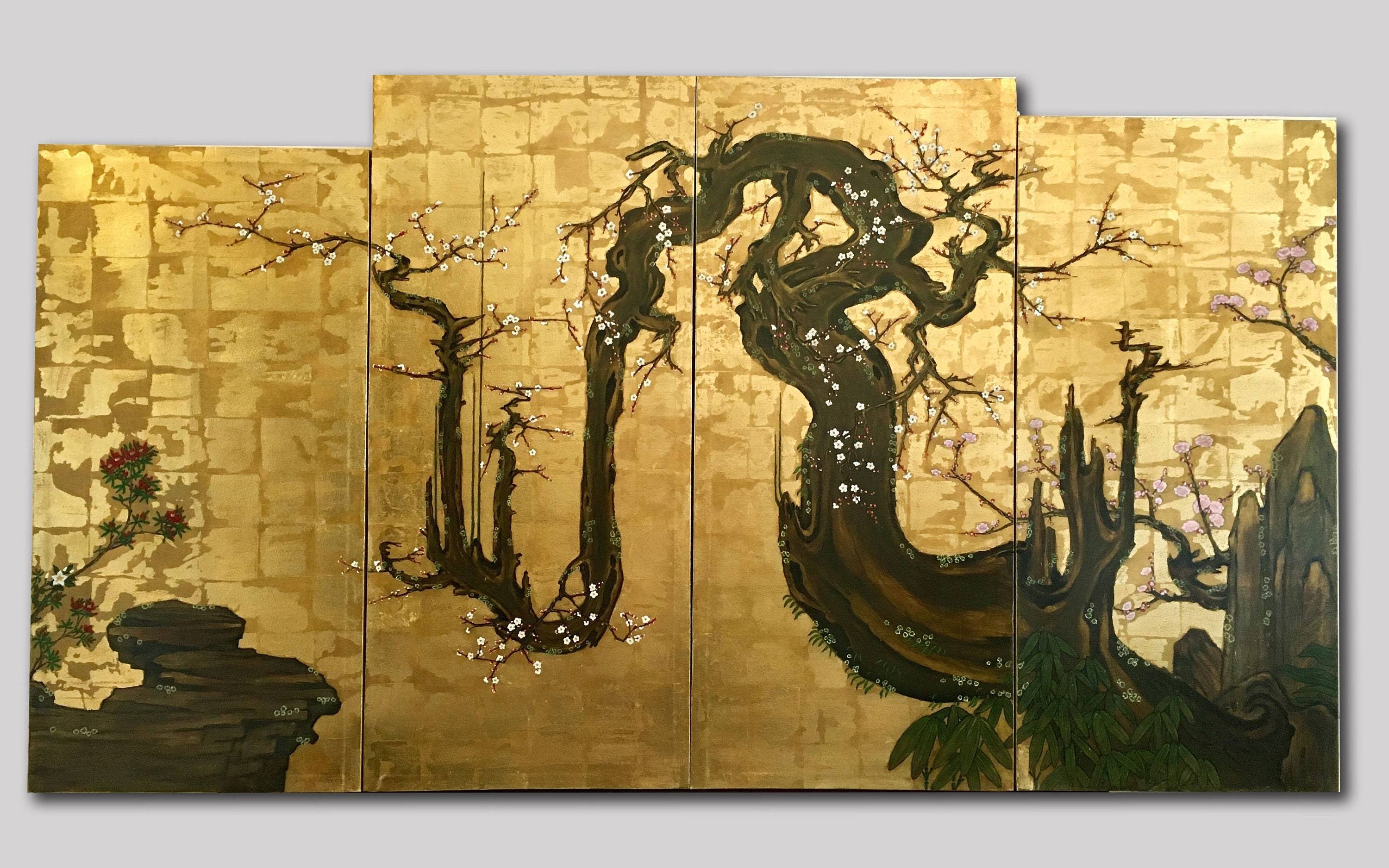 Kano Sansetsu. Alte Pflaume 1646. Malerei auf Gold