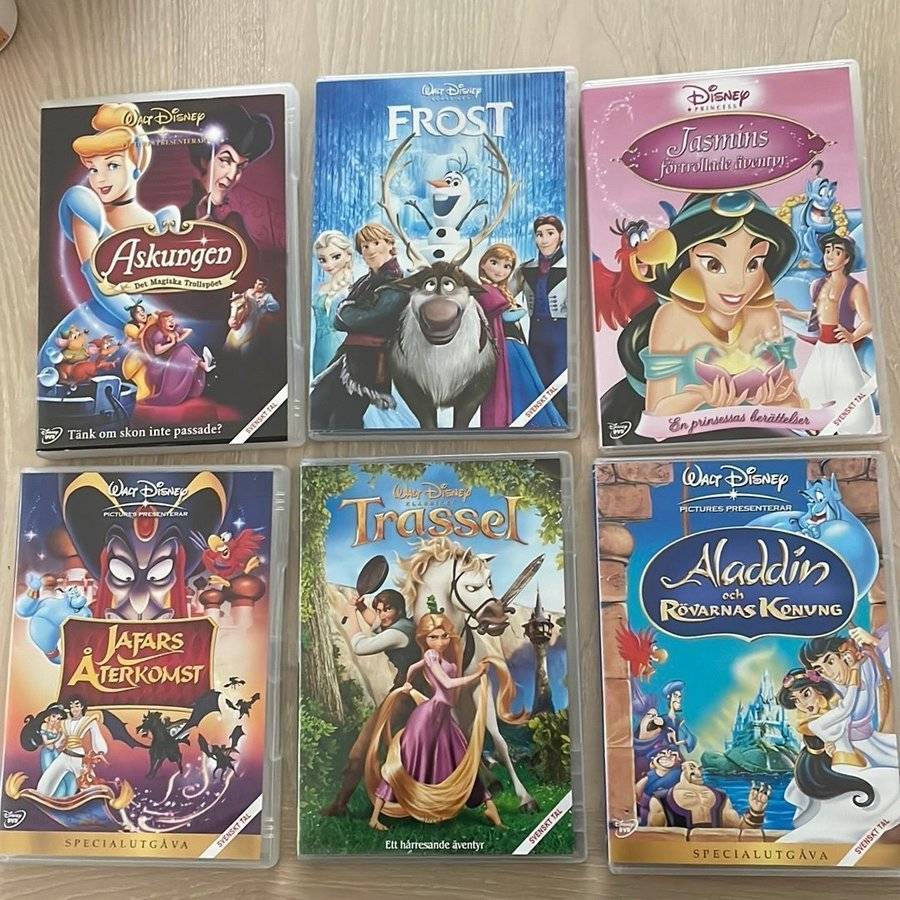Disney DVD-filmer: Askungen, Frost, Jasmin, Jafars Återkomst, Trassel, Aladdin