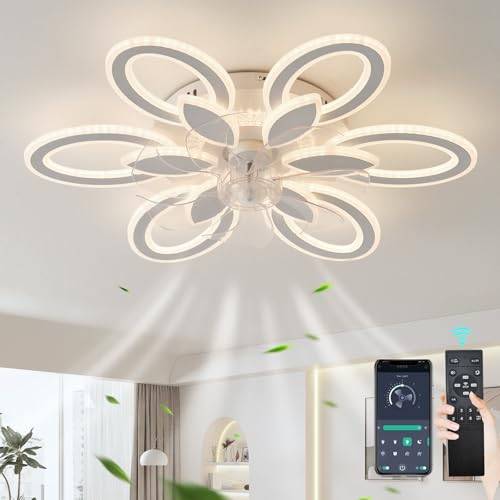 LED-lampa Med Fläkt Tyst Vändbar 6 Hastigheter Taklampa Med Fläkt, Dimbar Timer Takfläkt Med Belysning Och Fjärrkontroll För Vardagsrummet I Sovrummet-White||Remote+App+Alexa