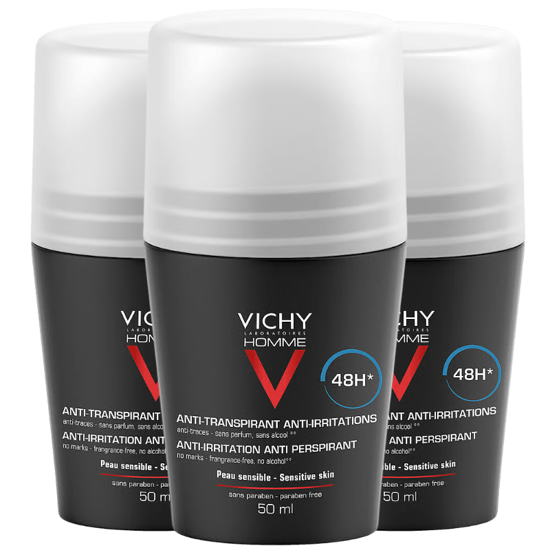 3 x Vichy Homme Anti-Perspirant Deo Roll-On 48h (50 ml).