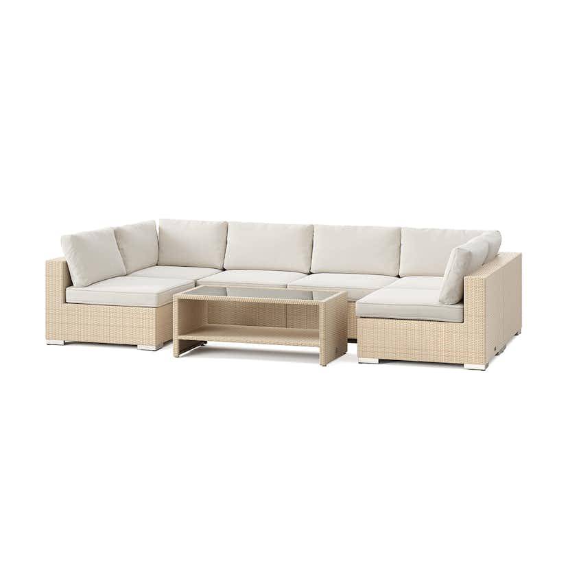Loungegrupp Comfort Garden Bahamas U-formad utomhus loungegrupp med öppet avslut, 6-sits med bord och hylla
