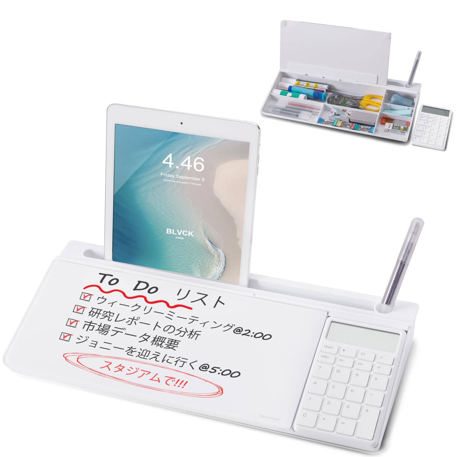 Mini Tabletop Glass Whiteboard with Storage - Small, Stylish Desk Whiteboard Stand with Drawer and Calculator, Includes Accessories, Perfect for Offic