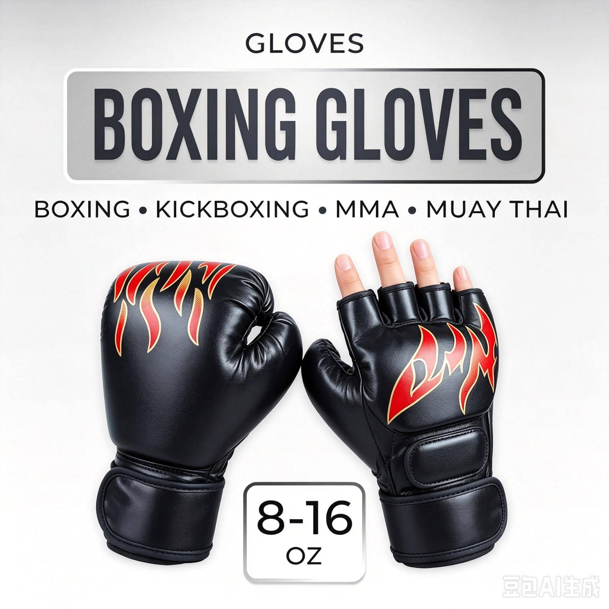 Boxningshandskar för barn, MMA Halvfinger & Flamma Helfingerhandskar för Barn Boxning Kickboxning Muay Thai Träning svart