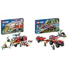 LEGO 60374 City Einsatzleitwagen der Feuerwehr & City Feuerwehrgeländewagen mit Rettungsboot, Offroad-Auto-Spielzeug