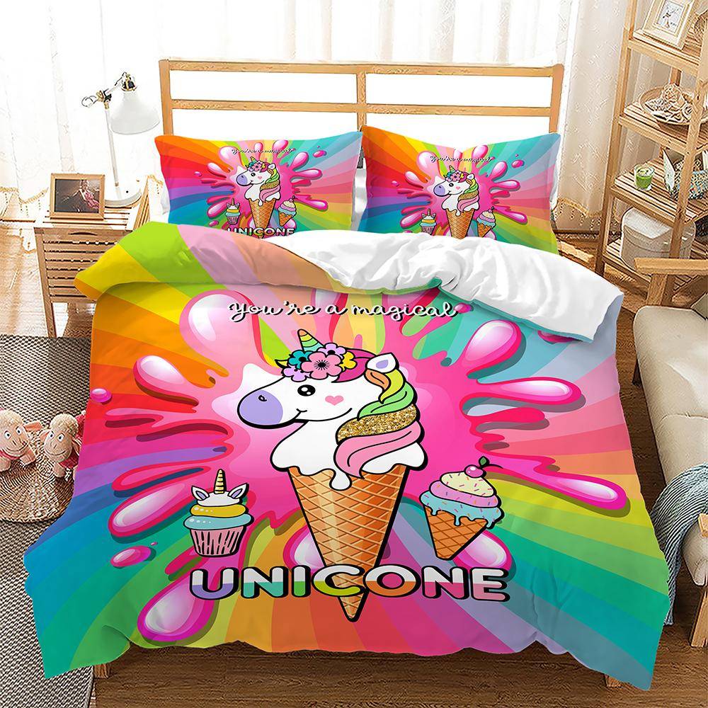 Sängklädesset med regnbågsenhörning för barn, sänglinne med tecknade djur för flickor, kawaii påslakanset, enkelsäng, enkelsäng, dubbelsäng, queen size AU King 240x210cm