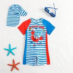 Babypojkar sommarbaddräkt med tecknat lejontryck, kortärmad och solhatt, semesterstil - Multifärgad (6-9M,9-12M,12-18M,18-24M,2-3Y)