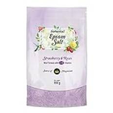 Nortembio Epsom salt 850 g doftande jordgubbar och rosor. Magnesiumsulfat hydratiserad med vitamin C och E. Epsom salt för muskelavslappning och god sömn. E-bok ingår.