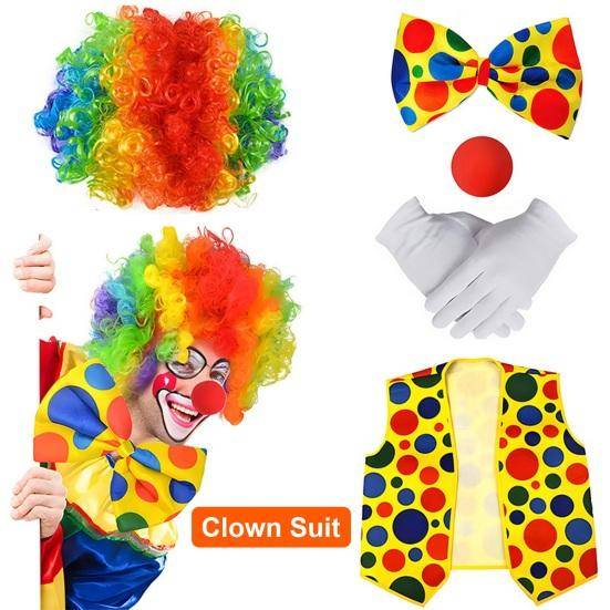 Halloween Clown Cosplay Kostym Kit Peruk Röd Nose Handskar Väst Slips Sko Män Kvinnor Vuxna Fest Scen Prestanda Clown Dress-up Rekvisita Kläder Access