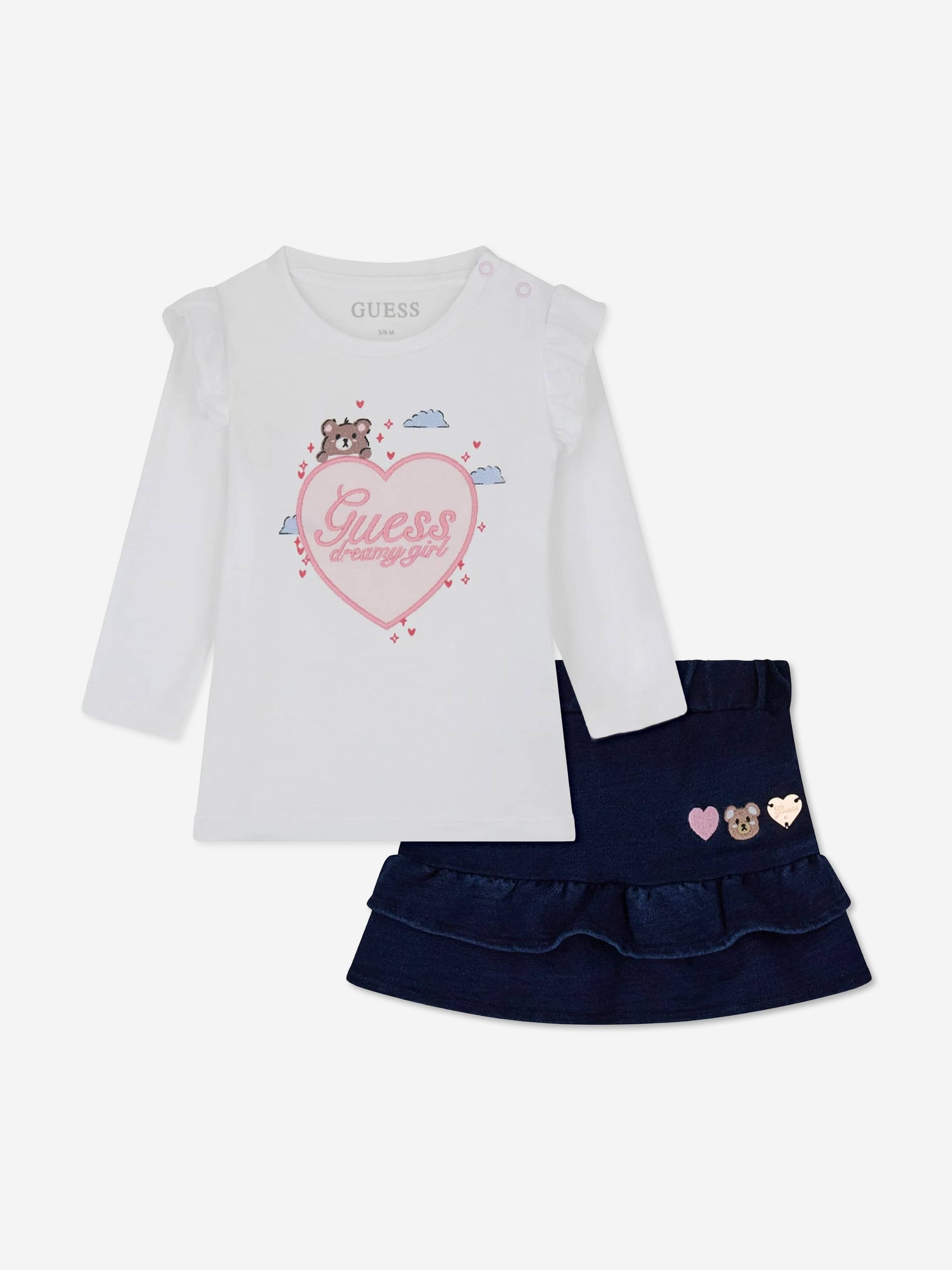 Guess Baby Girls T-Shirt and Denim Knit Skirt Set in White - White / 24 months (24 months)