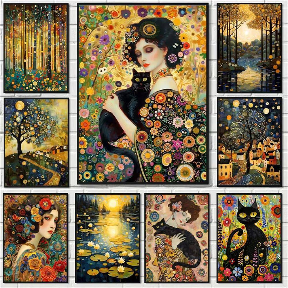5D DIY Diamantmålning Korsstygn Broderi Gustav Klimt Berömd Kvinna och Katt Full Rund Borr Heminredning Väggkonst Gåva
