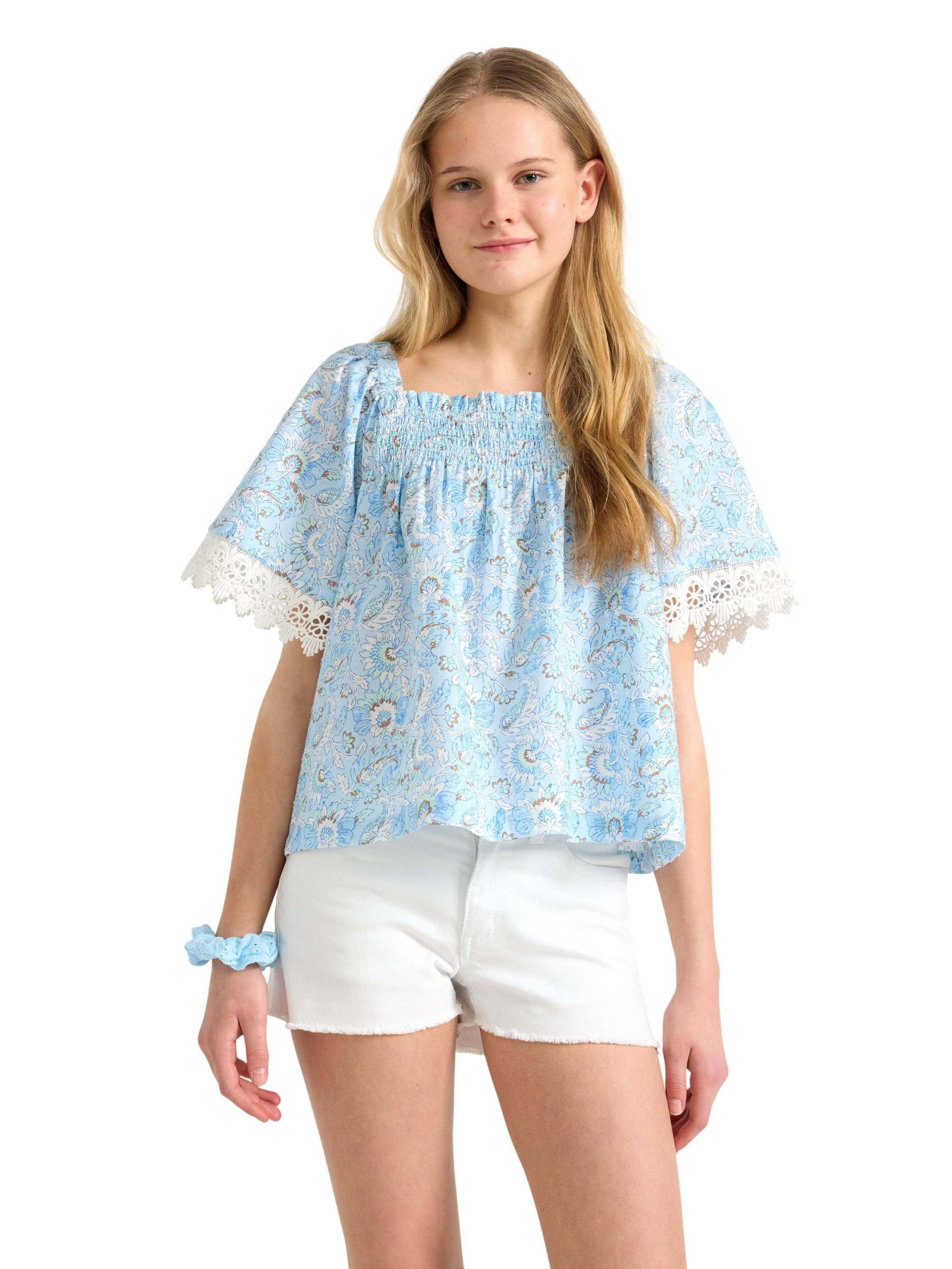 Lindex Vevd Bluse med Firkantet Utringning Str 128 - Blue Kortærmede T-shirts hos Magasin.