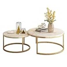 Nest of Tables Set med 2 Runt Soffbord Skrivbord, Elegant 2-delat tebord, Stapling Häckande bord Marmorskiva Metall Guld Bas, för högklassiga möbler Vardagsrum