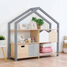 Shelf in solid gray and natural wood 39 x 137 x 146 cm