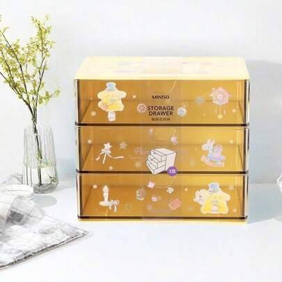 MINISO Pompompurin förvaringsenhet med flera lådor, lättdragbara lådor och lätt konstruktion, söt Hello Kitty/Melody-design, lämplig för byråer, stude - Gul (En-Storlek)