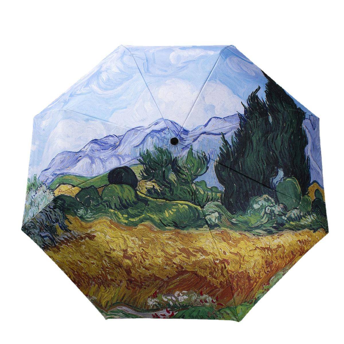 Digitaltryck Konstmålning Litet fräscht paraply Van Gogh Oljemålning Paraply Svart Automatiskt paraply Solfällbart paraply