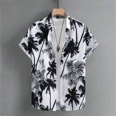 Hawaiiskjorta med kort ärm för män - Andningsbar semesterplagg med svartvitt palmbladstryck, mångsidiga knäppta vardagskläder för strandsemestrar, som (L,M,S,XL,XXL)
