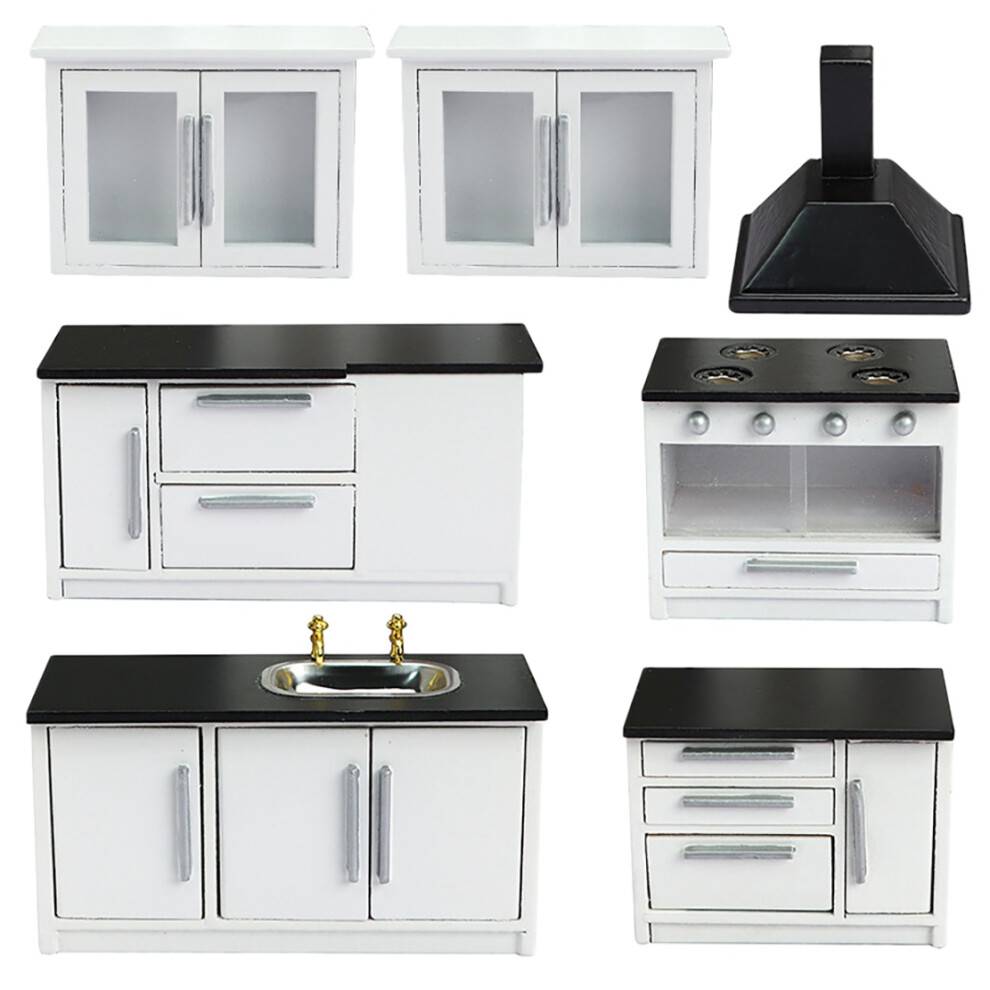 1:12 Dollhouse Kitchen Scene White Kitchen Furniture Range Hood Carbinet Cooktop Dollhouse Accessories