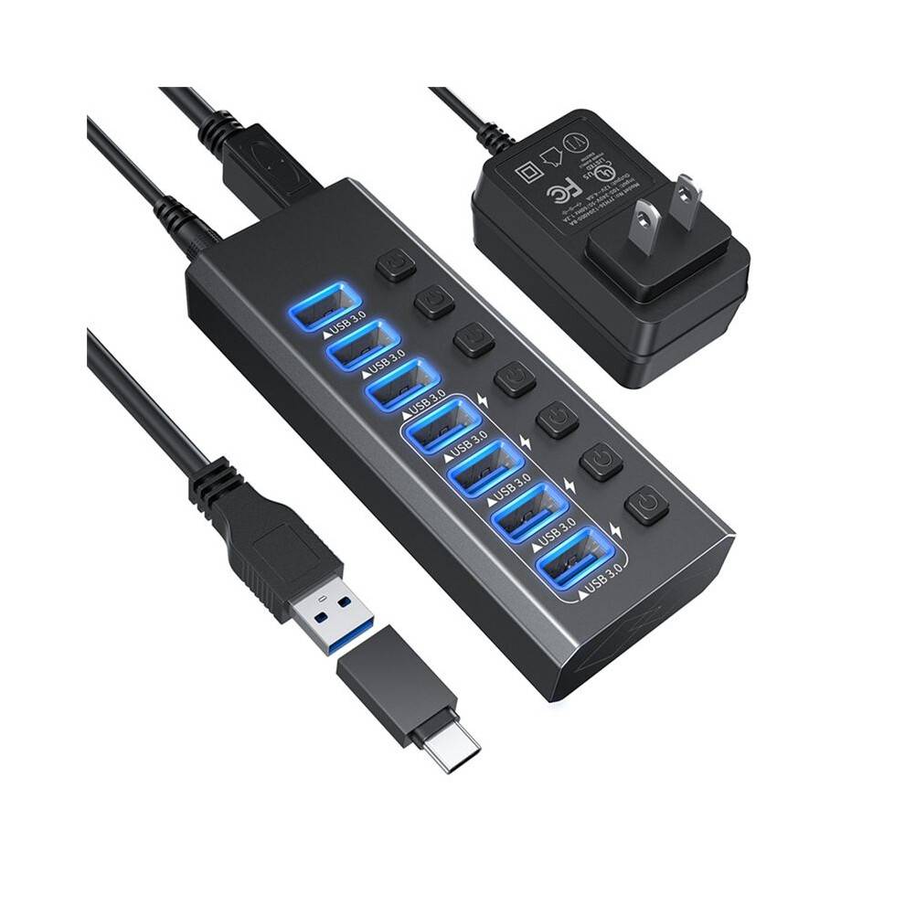 Powered USB 3.0 Hub ,7 Port USB Hub,USB Extension Data Splitter & Power Hub,for Laptop and Printer US Plug