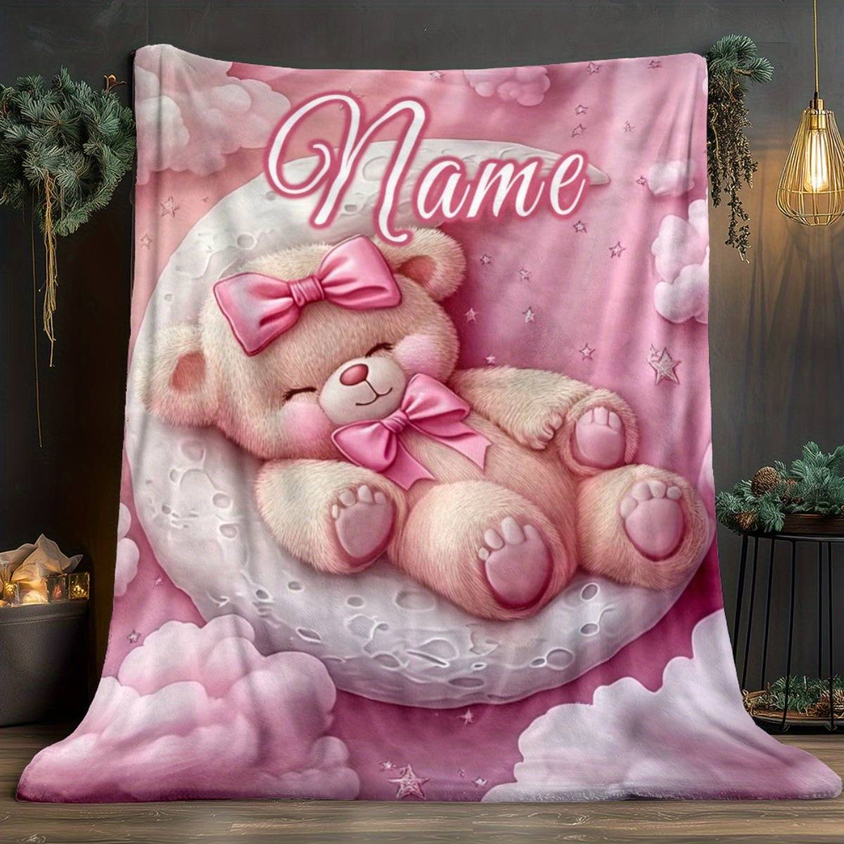 1pc Custom Name Pink Bear Portable Blanket - Lightweight For Sofa Bed, Travel, And Camping, Suitable For Living Room, Office Chair, And Bed - Soft Warm Fabric Winter Warm Blanket