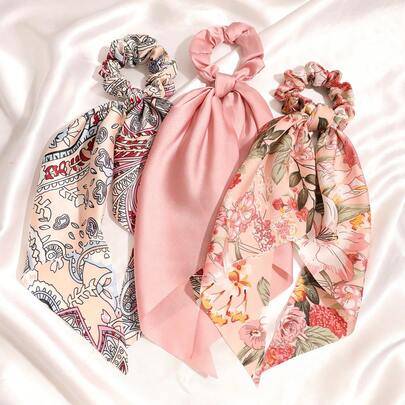 3-delars scarfset i satin i enfärgat, konstnärlig triangulär scarfhuvudbonad, hårsnöre och hårsnoddar, elastiskt hårband, skönhet, hem, hårtillbehör - bönpasta (En-Storlek,Litet set med 3 delar i färg "red bean paste")