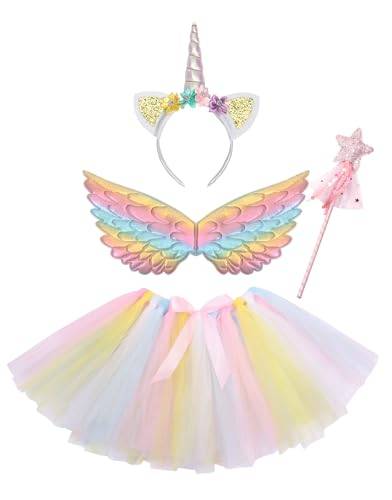 Clundoo Enhörningsdräkt för flickor, 4 st enhörning, cosplayset med enhörningsband, vingar och stav, enhörning, prinsessklänning för halloween, jul, karneval (vit)
