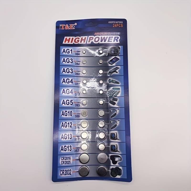 TEMU 24pcs Alkaline Cell Batteries Assorted Battery 1.55 Volt Ag1/lr621 Ag3/lr41 Ag4/lr626 Ag5/lr754 Ag10/lr1130 Ag12/lr43 Ag13/lr44 Cr2016 Cr2025 3v Cr2032 Coin Batteries Set For Watch Toy Clock