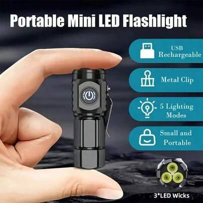 1 st kraftfull LED-ficklampa med 3 chip, bärbar ficklampa i fickformat, USB-laddningsbar superljus ficklampa med 5 ljuslägen, lämplig för vandring, ca