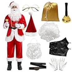 11 st julset deluxe tomtedräkt för vuxna män inkluderar kläder, skägg och peruk, hatt varm bekväm tomte outfit elegant kostym för jul A, XXL