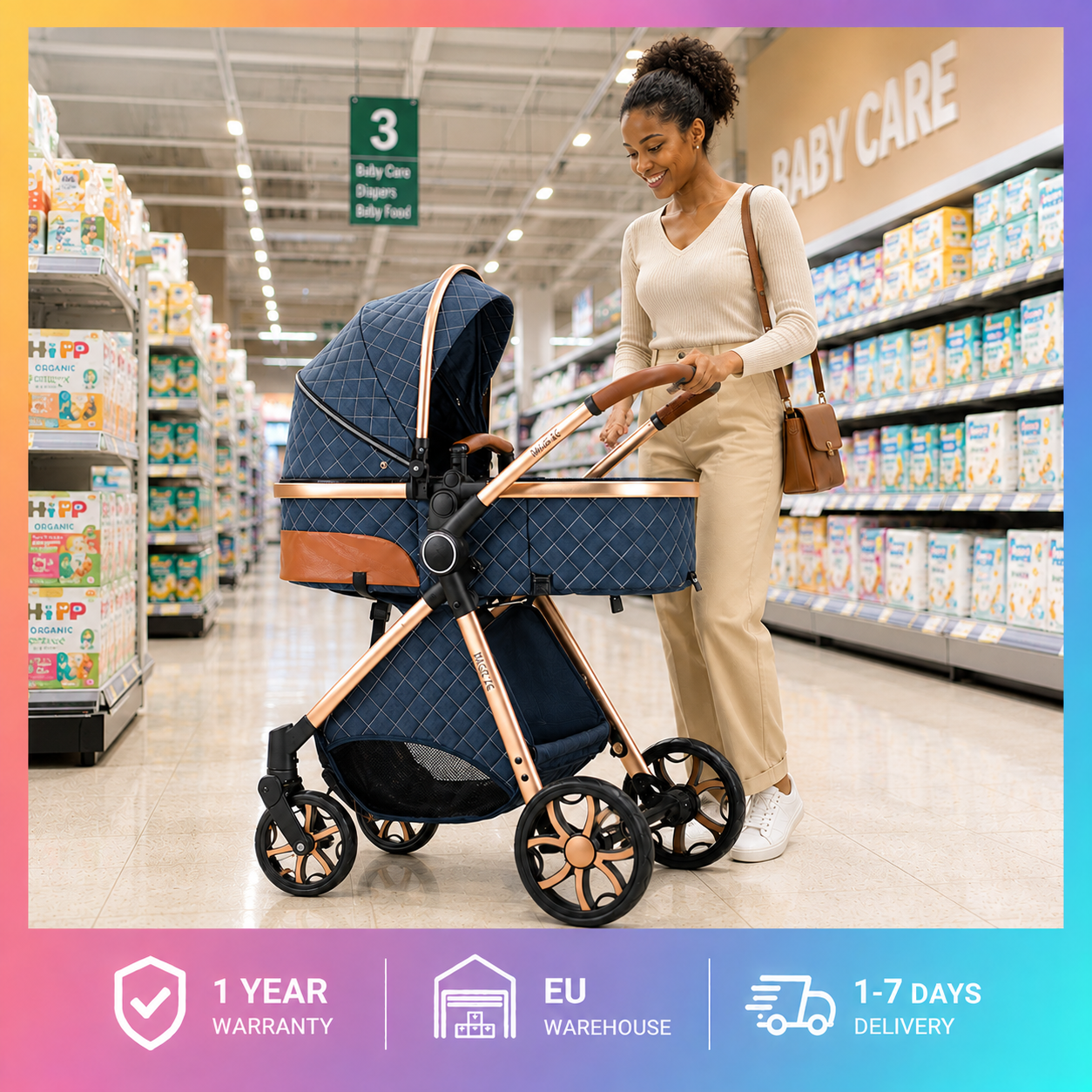 High Landscape Baby Stroller 3 in 1 Luxury Toddler Pushchair with Cradle Car Seat Combo Bidirectional Push Baby Carriage Convertible Sleeping Basket Reclining Travel Pram Easy Folding Boarding
