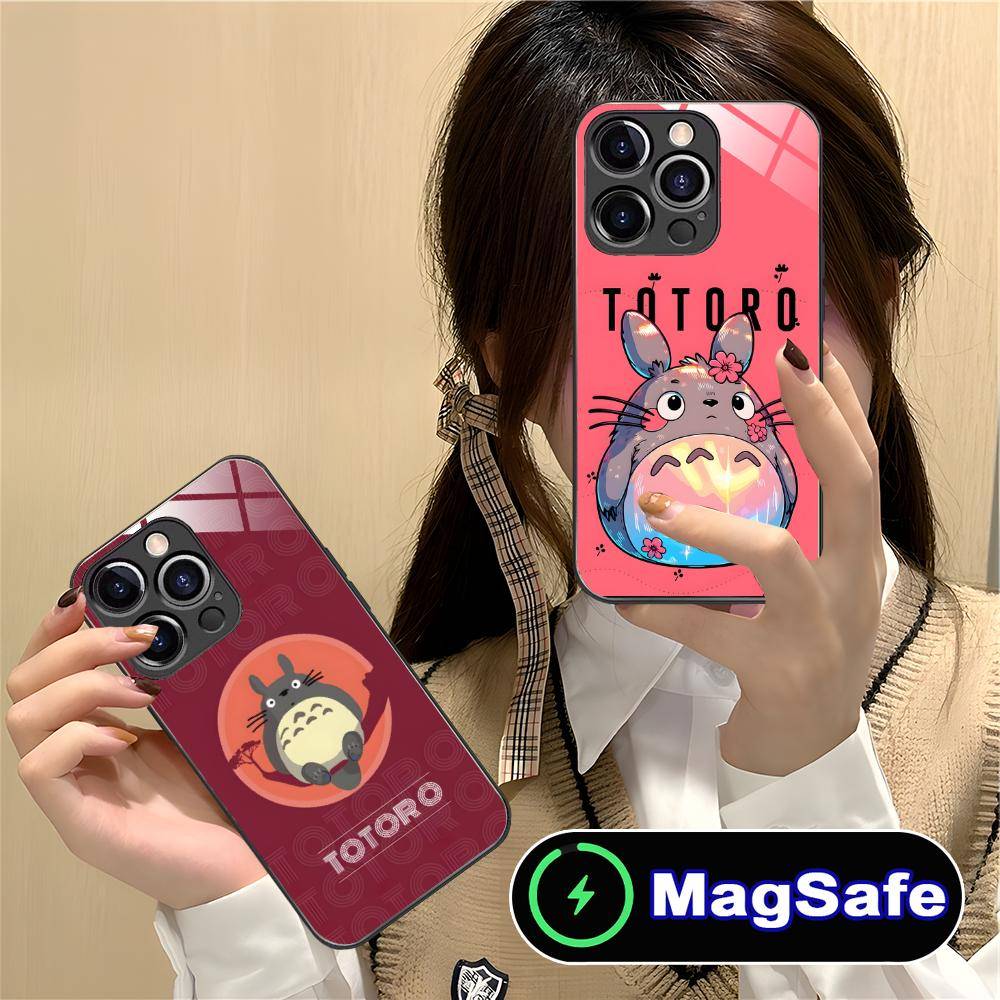 Anime Söt S-Totoros Fodral för iPhone 16 15 14 13 12 11 Pro Max Plus Mini MagSafe Glas Färgtryck Snygg Smartphone