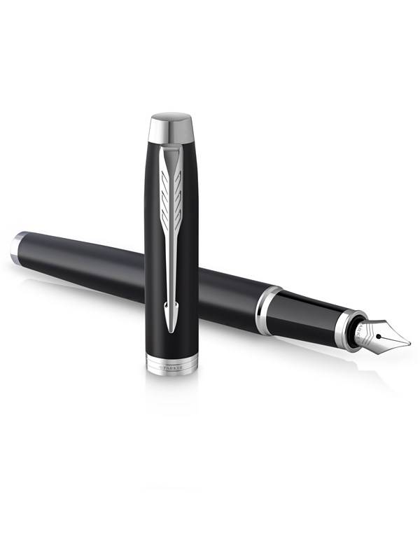 Parker PARKER IM Fountain Pen | Matte Black with Chrome Trim | Fine Point with Blue Ink Cartridge | Gift Box